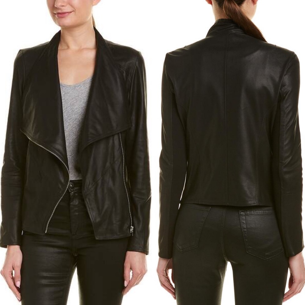 Lamarque Black Leather Drape-Front Jacket